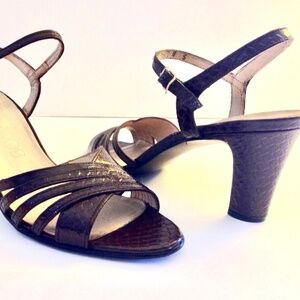 VTG 70s SOCIALITES Brown Snake Skin Embossed Leather Open Toe Sandal Heels~7.5AA